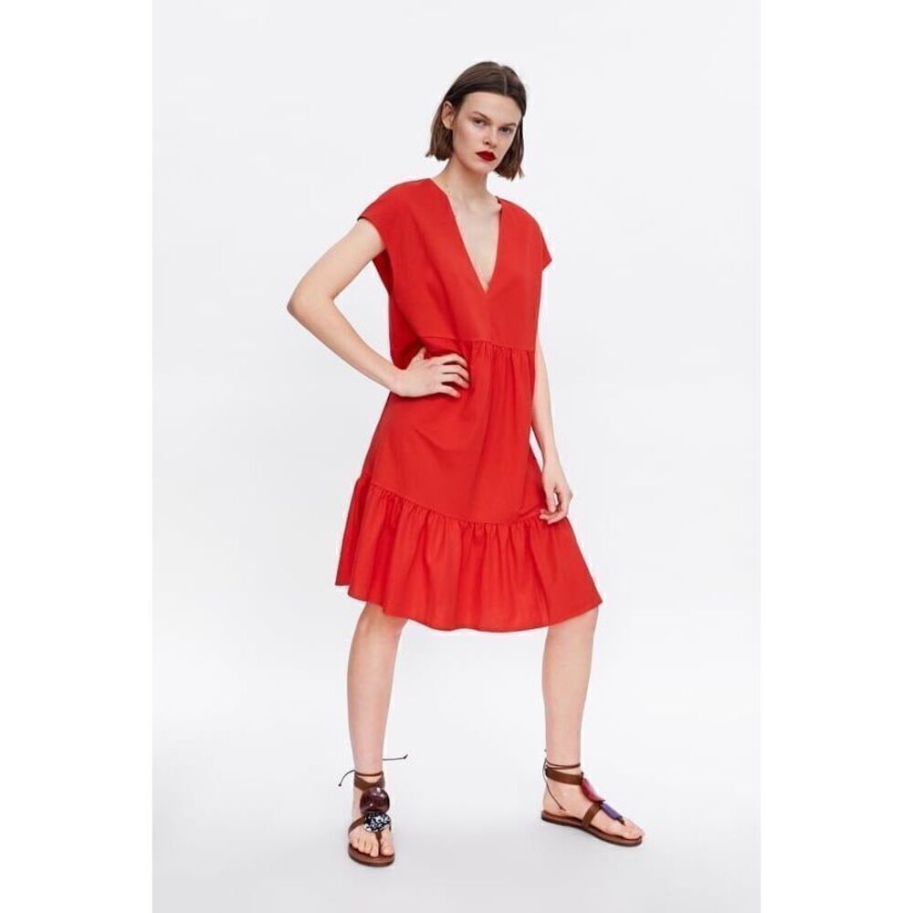 Zara‎ Bright Orange Tired V-Neck Dress Medium